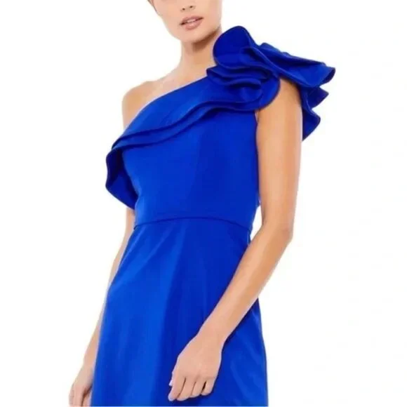 Mac Duggal Royal Blue One Shoulder Ruffle Mini Dress Size 10 - Picture 3 of 5